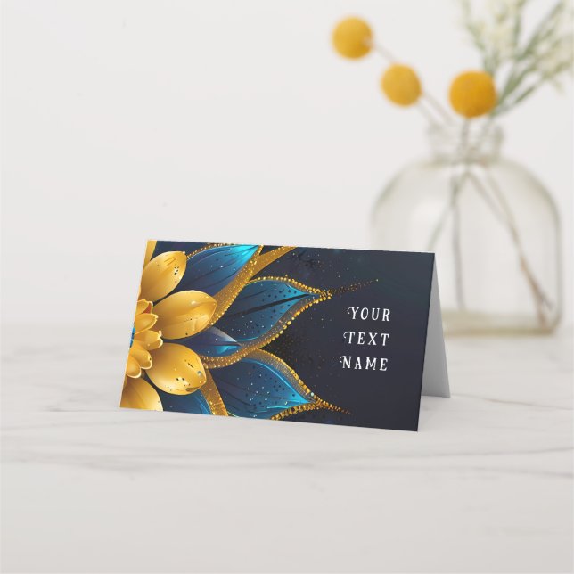 Elegant Sapphire and Gold Floral Wedding Place Card (Back)