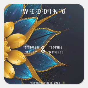 Elegant Sapphire and Gold Floral Wedding Square Sticker