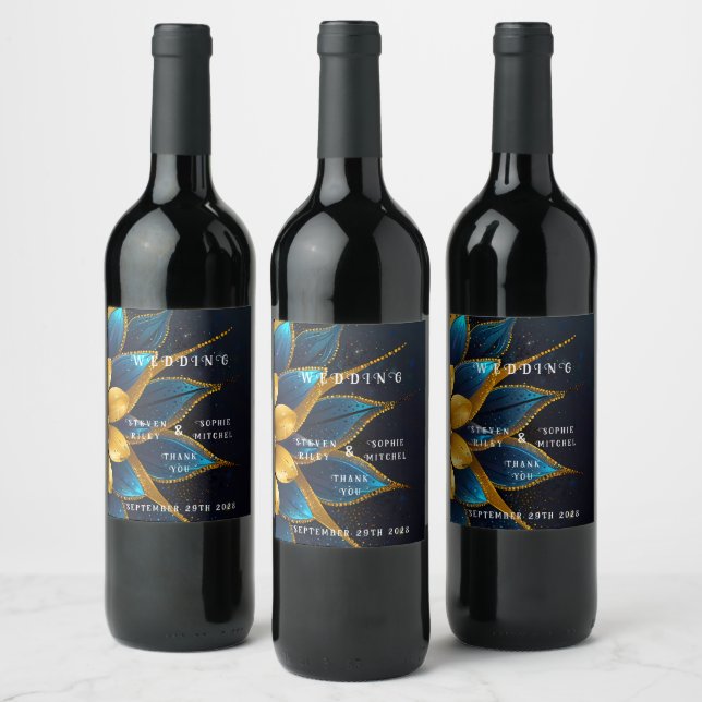 Elegant Sapphire and Gold Floral Wedding Wine Label (Bottles)