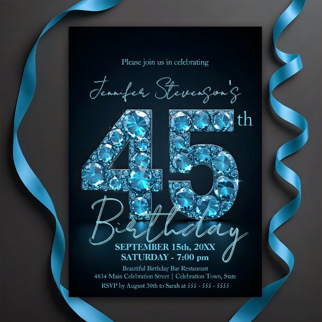 Elegant Sapphire Blue and Black 45th Birthday Invitation (Creator Uploaded)