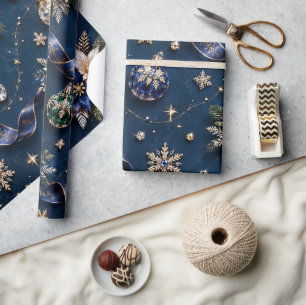 Elegant Sapphire Blue Christmas Ribbons Wrapping Paper