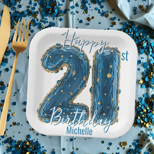 Elegant Sapphire Blue & Gold 21st Birthday Paper Plate (Creator Uploaded)