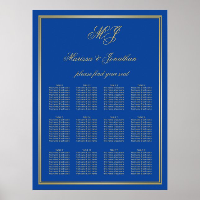 Elegant Sapphire Blue Gold Monogram Frame Seating Poster (Front)