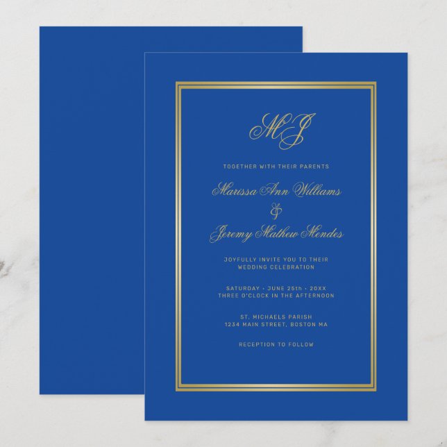 Elegant Sapphire Blue Gold Monogram Script Wedding Invitation (Front/Back)