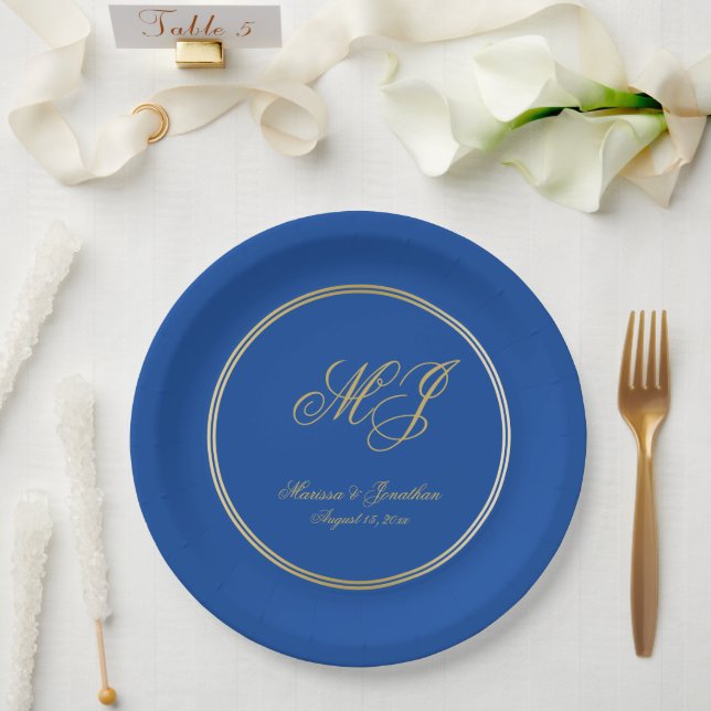 Elegant Sapphire Blue Gold Monogram Script Wedding Paper Plate (Wedding)