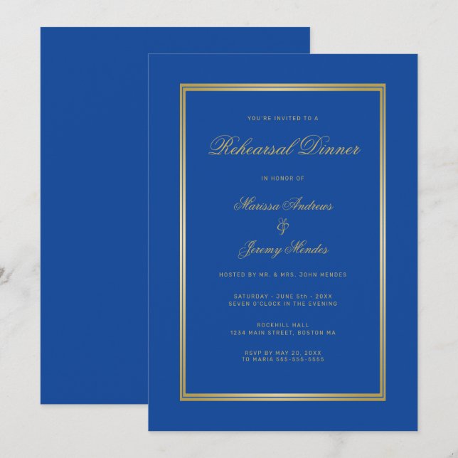 Elegant Sapphire Blue Gold Rehearsal Dinner Invitation (Front/Back)
