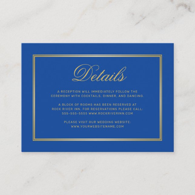 Elegant Sapphire Blue Gold Script Monogram Wedding Enclosure Card (Front)