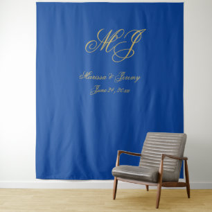 Elegant Sapphire Blue Gold Script Monogram Wedding Tapestry