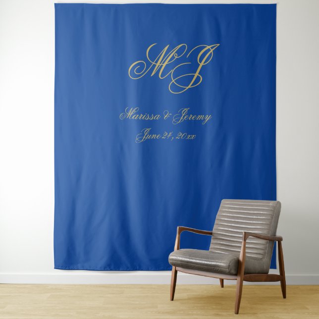 Elegant Sapphire Blue Gold Script Monogram Wedding Tapestry (In Situ)