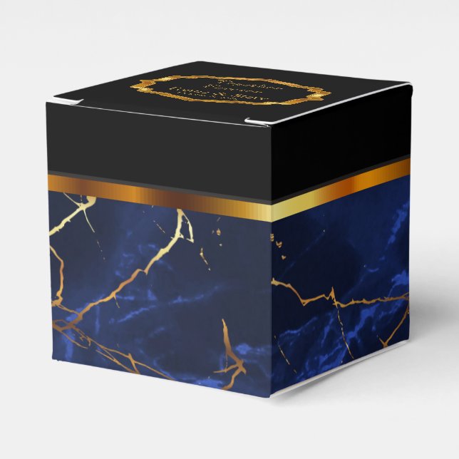 Elegant Sapphire Blue Marble and Gold Favour Box (Front Side)