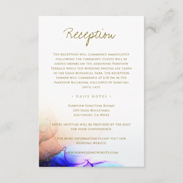 Elegant Sapphire Blue Orange Gold Wedding Enclosure Card (Front)