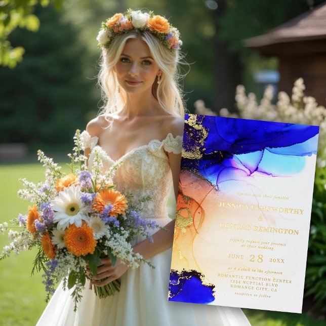 Elegant Sapphire Blue Orange Wedding Gold (Elegant Sapphire Blue Orange Wedding Gold Foil Invitation)