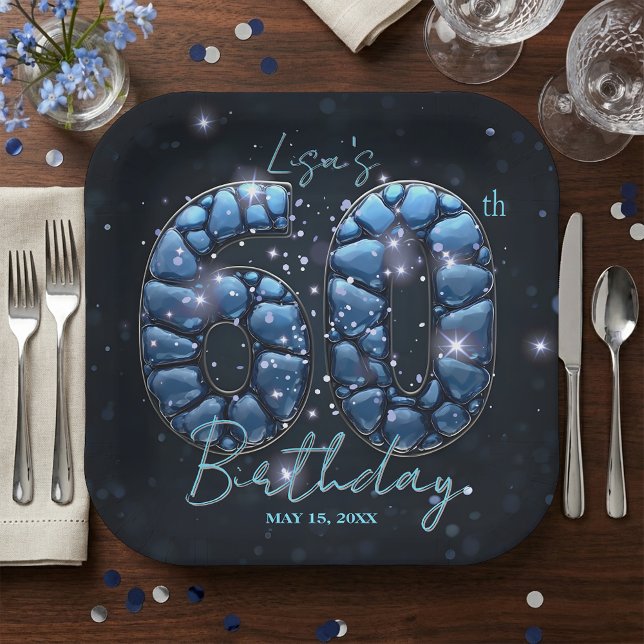 Elegant Sapphire Blue Stone Mosaic 60th Birthday Paper Plate (Creator Uploaded)