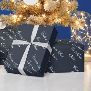 Elegant Sapphire Blue & White Custom Name Text Wrapping Paper