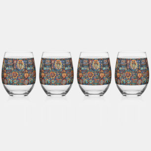Elegant Sapphire "Pre-Columbian Tapestry" 16oz Win Stemless Wine Glass