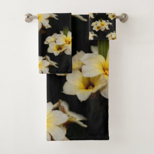 Elegant Satin Flowers on Black Bath Towel Set
