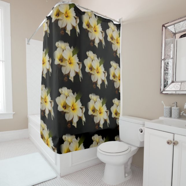 Elegant Satin Flowers on Black Shower Curtain (In Situ)