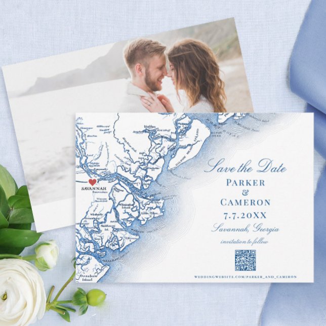 Elegant Savannah Georgia Map Navy Wedding Save The Date (Savannah Georgia Wedding Save the Dates in Elegant Navy Blue with photo and QR code)