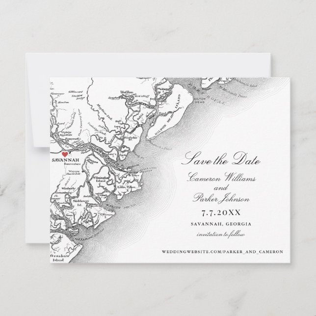 Elegant Savannah Georgia Wedding Black White Map Save The Date (Front)