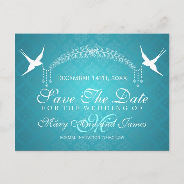 Elegant Save The Date Birds Monogram Turquoise Announcement Postcard (Front)