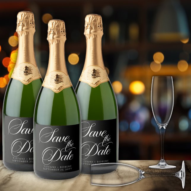 Elegant Save the Date Black White Script Sparkling Wine Label (Creator Uploaded)