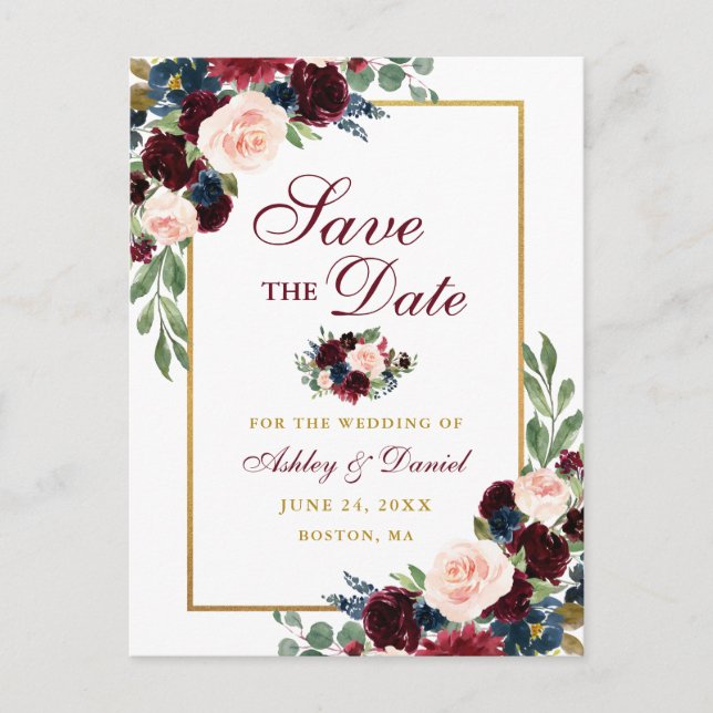 Elegant Save the Date Burgundy Blue Floral Gold Announcement Postcard (Front)