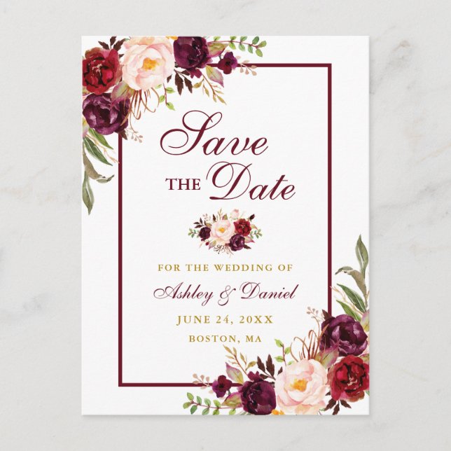 Elegant Save The Date Burgundy Floral Gold Announcement Postcard (Front)