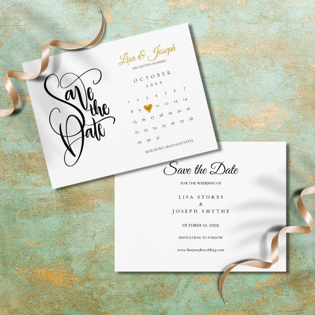 Elegant Save the Date Calendar Gold Love Heart Postcard (Creator Uploaded)