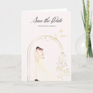 Elegant Save the Date card in gold arch with bride