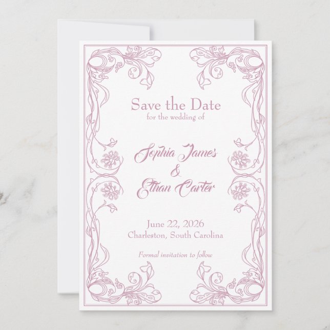 Elegant Save the Date Card – Pink Rose Filigree (Front)