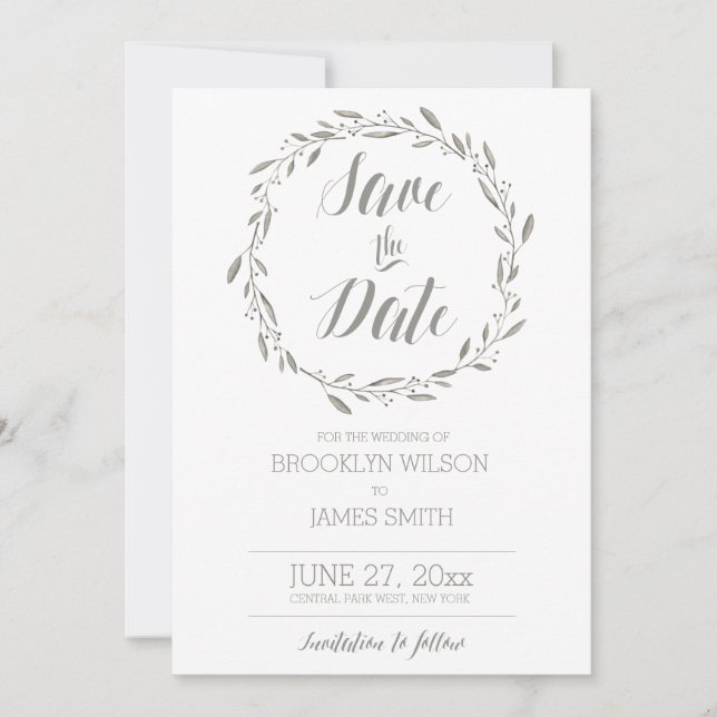 Elegant Save The Date Cards Grey Floral Wreath (Front)