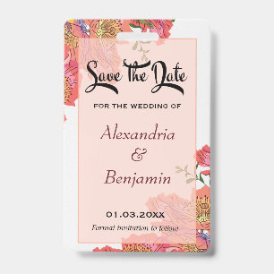 Elegant Save The Date Coral Flower Watercolor ID Badge