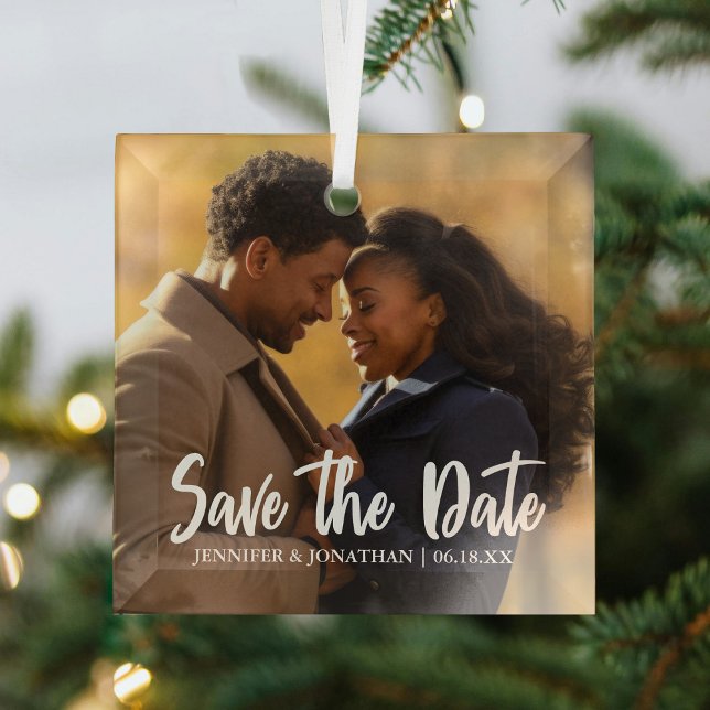 Elegant Save the Date Engagement Photo Christmas Glass Tree Decoration (Creator Uploaded)