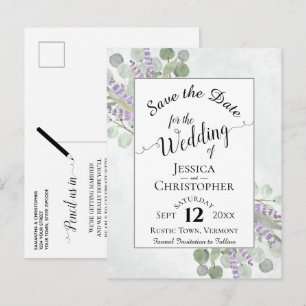 Elegant Save the Date Eucalyptus & Lavender White Announcement Postcard