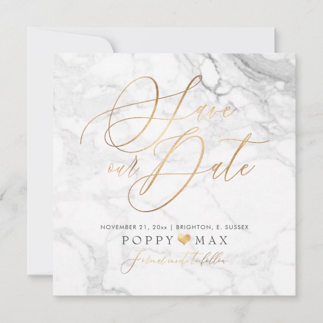Elegant Save the Date Faux Gold Calligraphy Marble (Front)