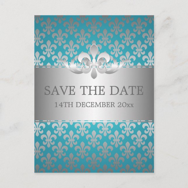 Elegant Save The Date Fleur De Lis Blue Announcement Postcard (Front)