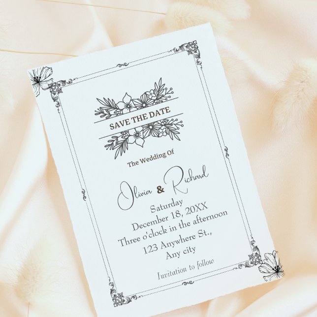 Elegant Save the Date Floral Wedding Announcement  (Elegant Floral Save The Date Black and White Announcement Cards)