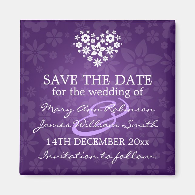 Elegant Save The Date Flowery Heart Purple Magnet (Front)
