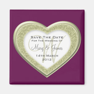 Elegant Save The Date Glitter Heart Gold Purple Magnet