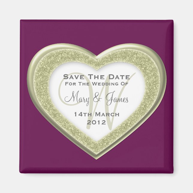 Elegant Save The Date Glitter Heart Gold Purple Magnet (Front)