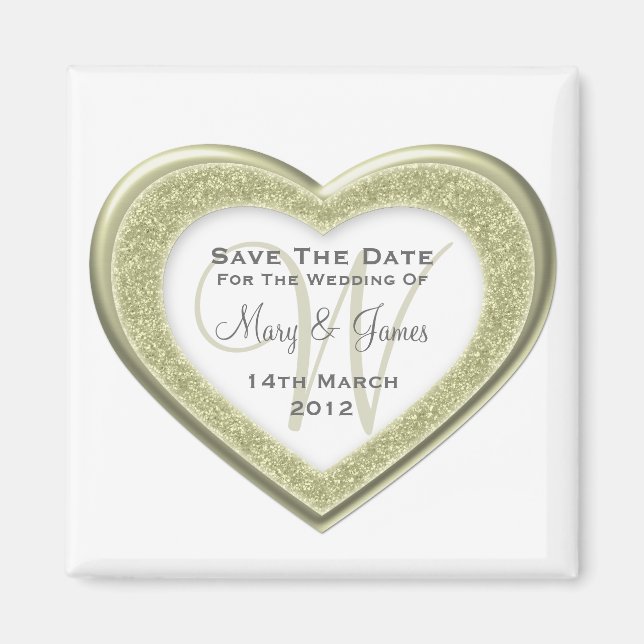 Elegant Save The Date Glitter Heart  Gold White Magnet (Front)