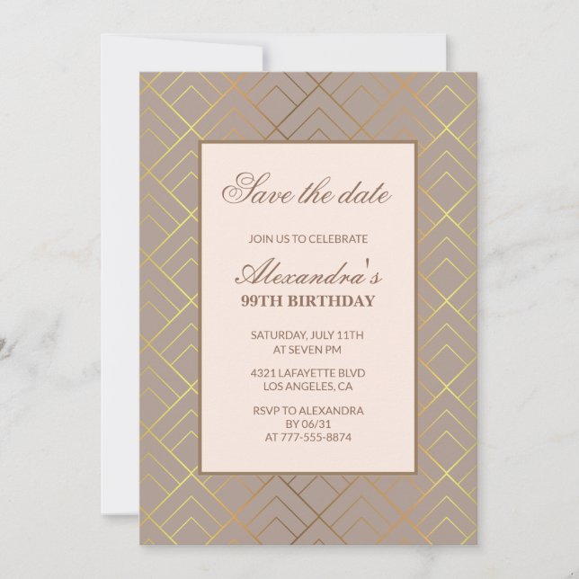 Elegant Save the date Gold Brown 99th birthday Invitation (Front)