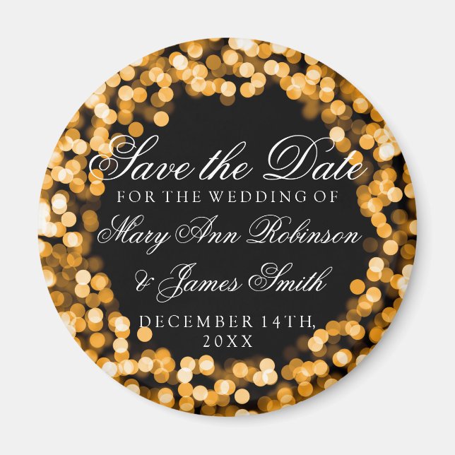Elegant Save The Date Gold Sparkly Lights Magnet (Front)