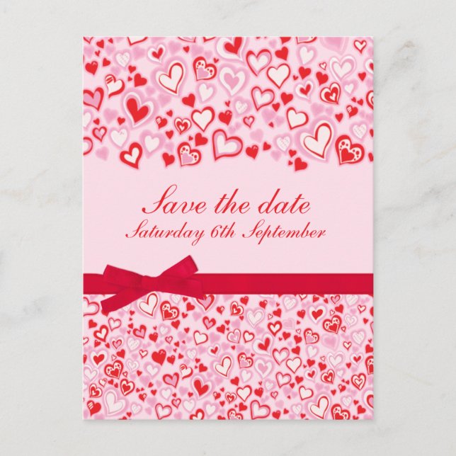 Elegant save the date hearts & bows pink card (Front)