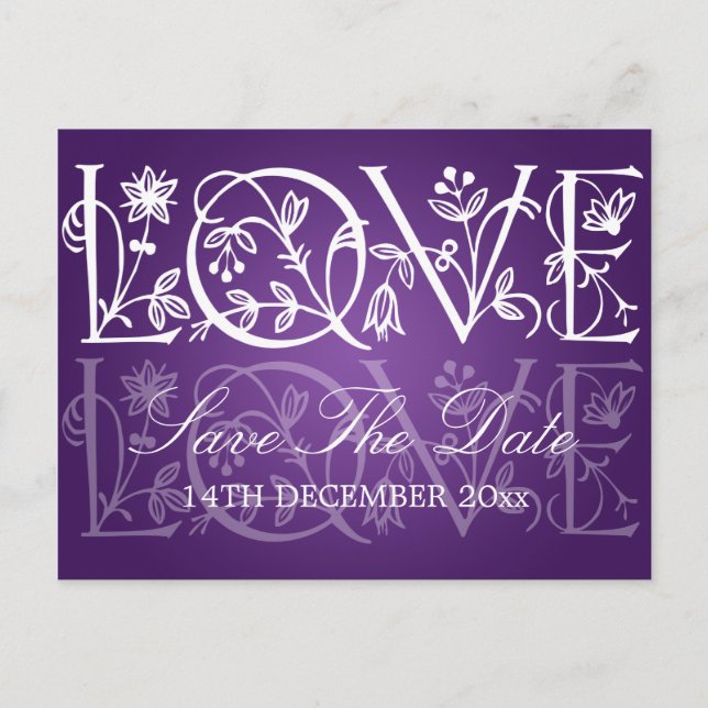 Elegant Save The Date Love Flourish Purple Announcement Postcard (Front)