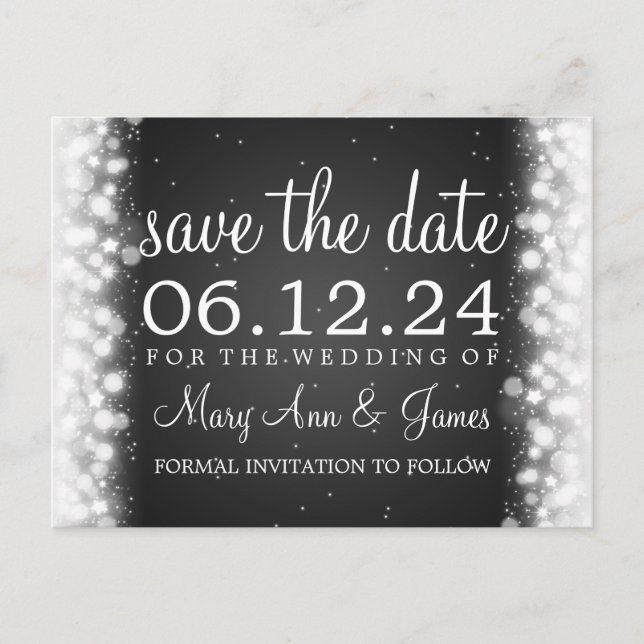 Elegant Save The Date Magic Sparkle Black Announcement Postcard (Front)