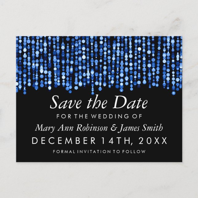 Elegant Save The Date Modern Blue Lights Announcement Postcard (Front)