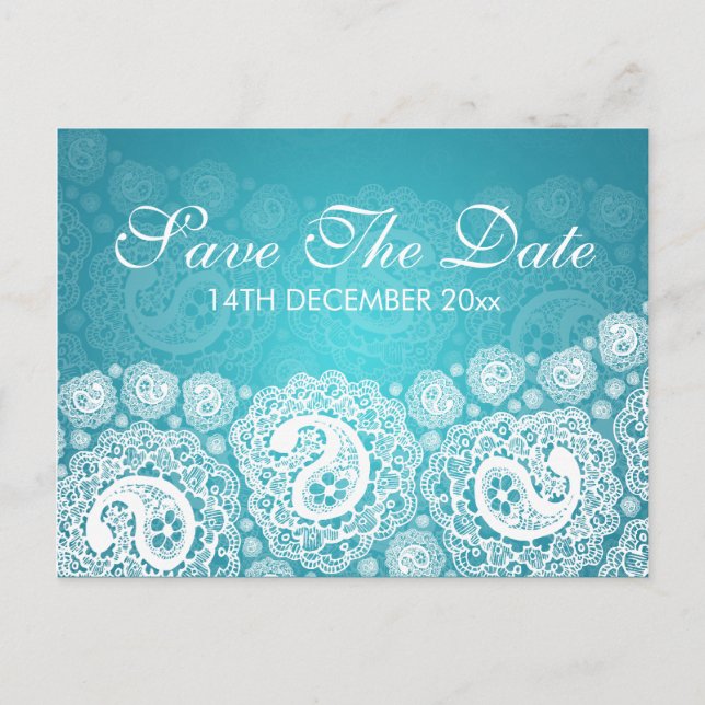 Elegant Save The Date Paisley Lace Blue Announcement Postcard (Front)