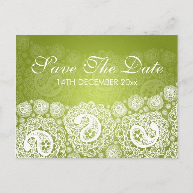 Elegant Save The Date Paisley Lace Lime Green Announcement Postcard (Front)