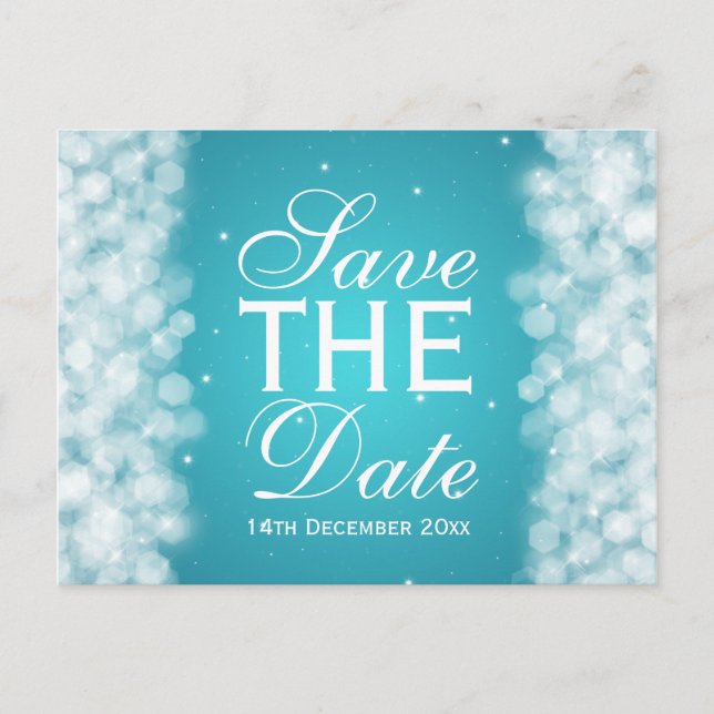 Elegant Save The Date Party Sparkle Turquoise Announcement Postcard (Front)